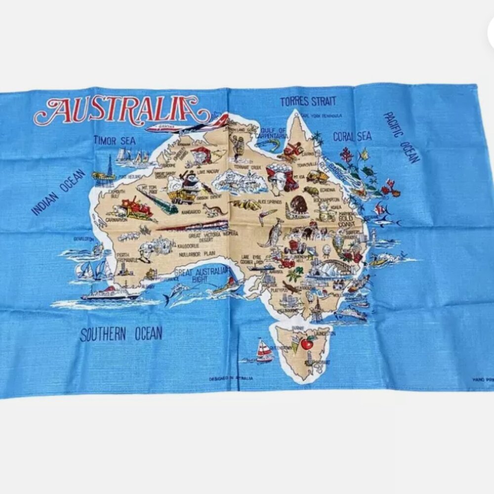 Vintage Australia Map Hand Printed Tea Towel Linen / Cotton 31x18.5 inches
